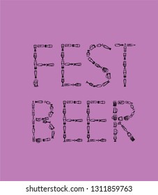 Set of beer objects. Hand drawn vector illustration. Vector set of craft beer bottles in ink hand drawn style.