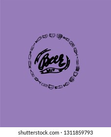 Set of beer objects. Hand drawn vector illustration. Vector set of craft beer bottles in ink hand drawn style.