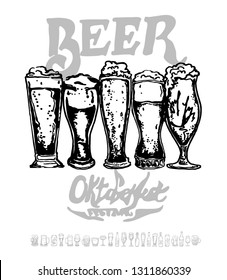 Set of beer objects. Hand drawn vector illustration. Vector set of craft beer bottles in ink hand drawn style.