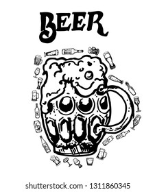 Set of beer objects. Hand drawn vector illustration. Vector set of craft beer bottles in ink hand drawn style.