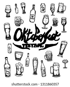 Set of beer objects. Hand drawn vector illustration. Vector set of craft beer bottles in ink hand drawn style.