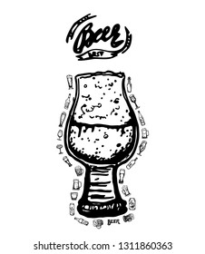 Set of beer objects. Hand drawn vector illustration. Vector set of craft beer bottles in ink hand drawn style.