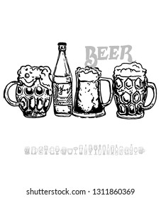 Set of beer objects. Hand drawn vector illustration. Vector set of craft beer bottles in ink hand drawn style.