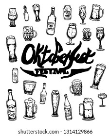 Set of beer objects. Hand drawn vector illustration. Vector set of craft beer bottles in ink hand drawn style.