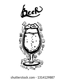 Set of beer objects. Hand drawn vector illustration. Vector set of craft beer bottles in ink hand drawn style.