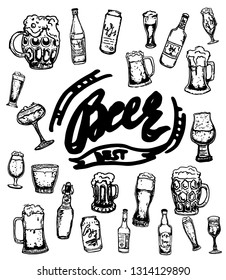 Set of beer objects. Hand drawn vector illustration. Vector set of craft beer bottles in ink hand drawn style.