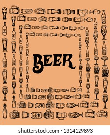 Set of beer objects. Hand drawn vector illustration. Vector set of craft beer bottles in ink hand drawn style.