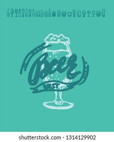 Set of beer objects. Hand drawn vector illustration. Vector set of craft beer bottles in ink hand drawn style.