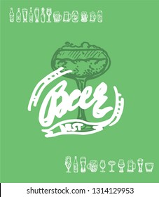 Set of beer objects. Hand drawn vector illustration. Vector set of craft beer bottles in ink hand drawn style.