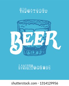 Set of beer objects. Hand drawn vector illustration. Vector set of craft beer bottles in ink hand drawn style.