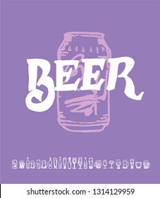 Set of beer objects. Hand drawn vector illustration. Vector set of craft beer bottles in ink hand drawn style.