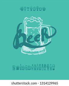 Set of beer objects. Hand drawn vector illustration. Vector set of craft beer bottles in ink hand drawn style.