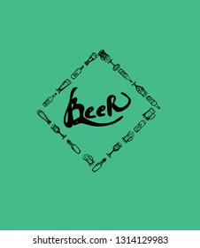 Set of beer objects. Hand drawn vector illustration. Vector set of craft beer bottles in ink hand drawn style.