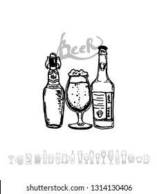 Set of beer objects. Hand drawn vector illustration. Vector set of craft beer bottles in ink hand drawn style.