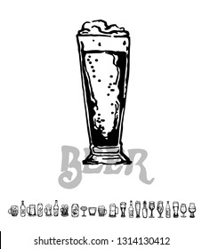 Set of beer objects. Hand drawn vector illustration. Vector set of craft beer bottles in ink hand drawn style.