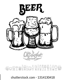 Set of beer objects. Hand drawn vector illustration. Vector set of craft beer bottles in ink hand drawn style.