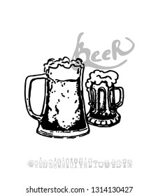 Set of beer objects. Hand drawn vector illustration. Vector set of craft beer bottles in ink hand drawn style.