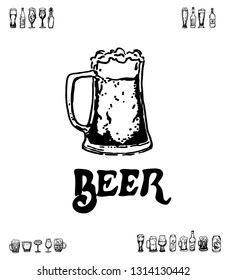 Set of beer objects. Hand drawn vector illustration. Vector set of craft beer bottles in ink hand drawn style.