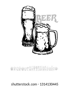 Set of beer objects. Hand drawn vector illustration. Vector set of craft beer bottles in ink hand drawn style.