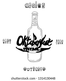 Set of beer objects. Hand drawn vector illustration. Vector set of craft beer bottles in ink hand drawn style.