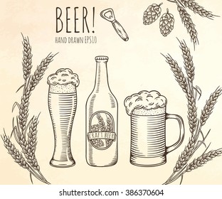 Set of beer objects. Hand drawn vector illustration.