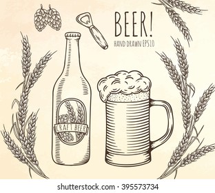 Set of beer objects. Hand drawn vector illustration.