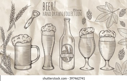 Set of beer objects. Hand drawn vector illustration.
