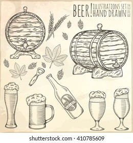 Set of beer objects. Hand drawn vector illustration.