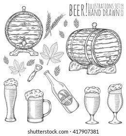 Set of beer objects. Hand drawn vector illustration.