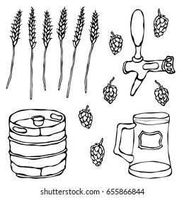 Set of Beer Objects: Hop, Malt, Mug, Tap, Keg. Realistic Hand Drawn Sketch Vector Illustration. Isolated On a White Background. Savoyar Doodle Style.