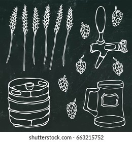 Set of Beer Objects: Hop, Malt, Mug, Tap, Keg. Isolated on a Black Chalkboard Background. Realistic Hand Drawn Sketch Vector Illustration. Savoyar Doodle Style.