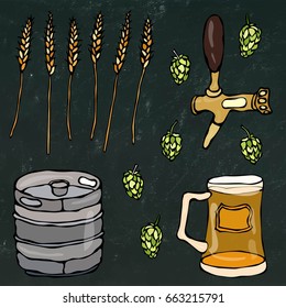 Set of Beer Objects: Hop, Malt, Mug, Tap, Keg. Isolated on a Black Chalkboard Background. Realistic Doodle Cartoon Style Hand Drawn Sketch Vector Illustration.