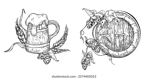 Set of beer objects: wooden beer mug and barrel, wheat ears and hops on vine black white vector illustrations isolated. Tankard with foam beer and plants hand drawn for label, packaging, craft brewery