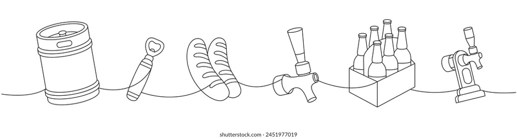 Satz Bier, eine Linie, fortlaufende Zeichnung. Metallfass, Flaschenöffner, Würstchen, Bierhahn durchgehende eine Zeile Illustration. Lineare Darstellung der Vektorgrafik.