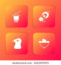 Set Beer pong game, Firework, Eagle head and Western cowboy hat icon. Vector