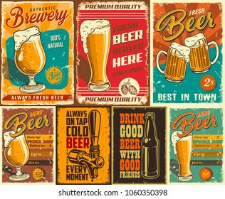 Set of beer poster in vintage style with grunge textures and beer objects. Vector illustration.