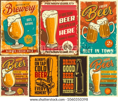 Set of beer poster in vintage style with grunge textures and beer objects. Vector illustration.