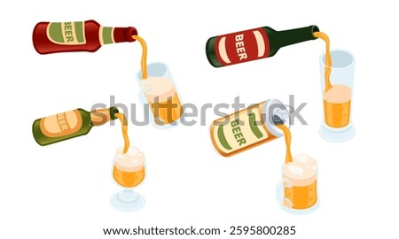 Set of beer pouring into glass mugs. Golden lager beer filled in glass. Glass bottles with simple label. Alcoholic drink, ready for grocery store or supermarket. Vector illustration on white.