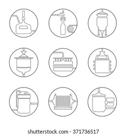 Set of beer production icon, brewery process infographic flat style. Production beer, brewery elements. Line style vector illustration
