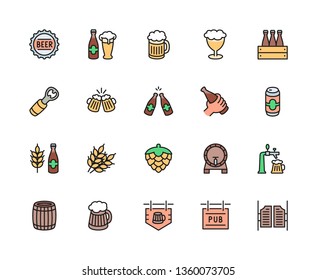 Set of Beer and Pub Flat Color Line Icons. Bottle Cap, Mug, Opener, Wheat Grain, Hop Cone, Keg, Barrel, Saloon Door, Signboard and more. Pack of 48x48 Pixel Icons