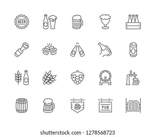 Set of beer and pub line icons. Bottle cap, mug, opener, wheat grain, hop cone, keg, barrel, saloon door, signboard and more.