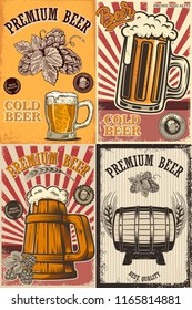 Set of beer pub posters. Design element for poster, card, emblem, sign banner. Vector image