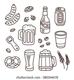 Set of beer related doodle icons. Hand drawn sketches. Isolated vector illustration.