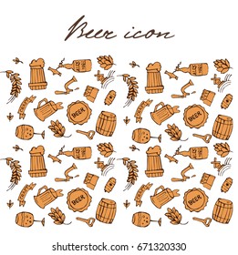 Set of beer related doodle icons. Hand drawn sketches. Isolated vector illustration.
