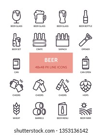 Set of Beer related vector line icons. Contains icons such as Beer Glass, Bottle, Sixpack, Cheers and more. 48x48px with editable stroke