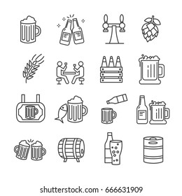 Set of beer Related Vector Line Icons. Contains such icon as keg, alcohol, bar, hops, malt, fish, bottle, glass, pub