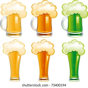 Set of beer. Six mugs and glasses with light, dark and Irish green beer