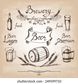 Set of beer. Sketch elements. Hand-drawn vector illustration.