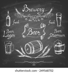 Set of beer. Sketch elements on the blackboard. Hand-drawn vector illustration.