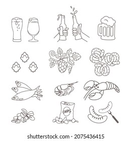 Set of beer and snack icons, beer emblem. Crayfish, shrimp, chips, pistachios and fish drawing in one line.